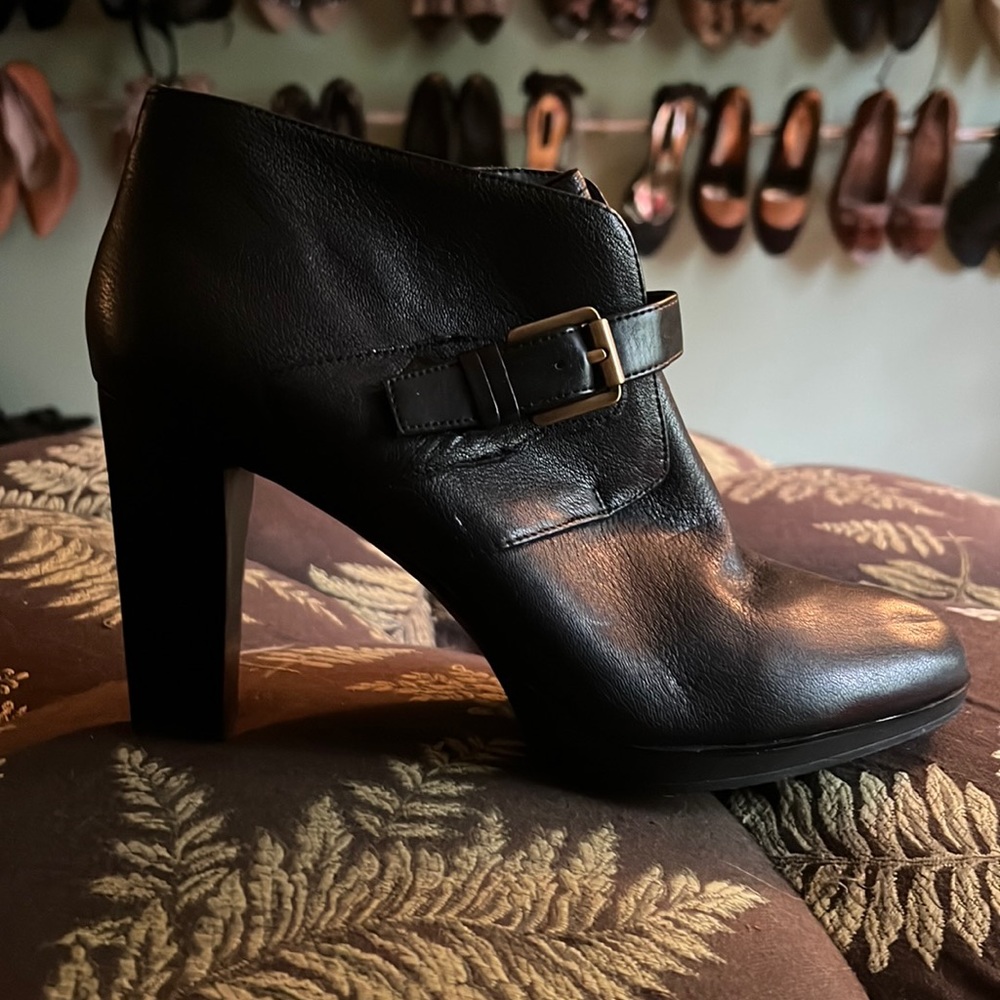 Franco Sarto Inkwell black buckle stacked heel ankle booties